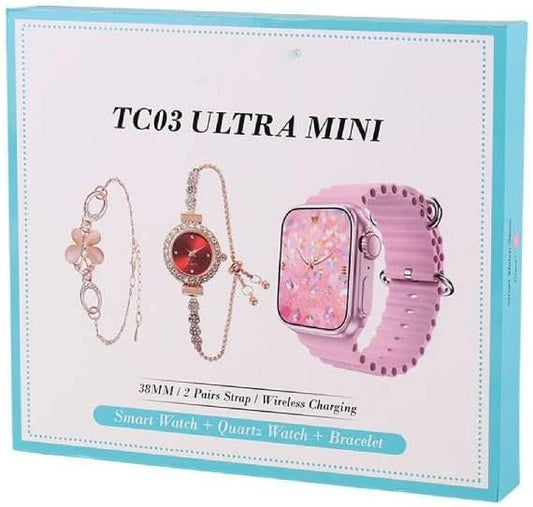 TC03 Ultra Mini Smart Watch 38mm HD with 2 Straps Analog Watch and Strap for Women, Pink